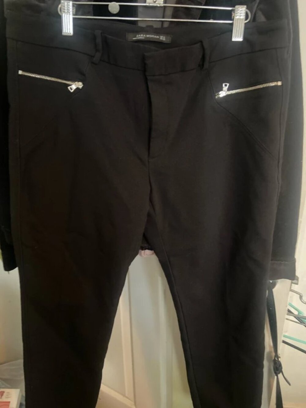 Zara Woman Black Straight Leg Pants XL Zip Pockets